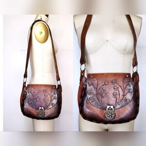 Vintage Floral Tooled Leather Shoulder Bag Mexican Bag Purse Boho Hippie Gypsy